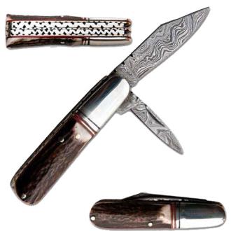 White Deer 1095 HC Steel 15N20 Forged Damascus Stag Barlow Folding Knife