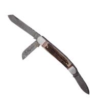 6099 - Damascus 3 Blade Folding Knife Bone Handle