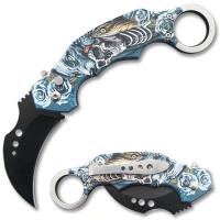201SKW - Automatic Krambit Knife 3D Printed Skull And Wolf Handle  Pocket Knife