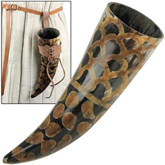 Scales Medieval Drinking Horn with Brown Leather Holder