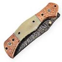 FDM-2542 - Magnum Rancher Damascus Folding Knife Engraved Copper Bolster Camel Bone Grip