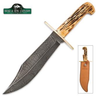 Bear & Son India Stag Damascus Bowie Knife with Genuine Leather Sheath