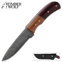 17-TW368 - Timber Wolf Deer Hunter Olive Red Wood Damascus