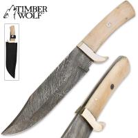 17-TW470 - Timber Wolf Damascus &amp; Camel Bone Fixed Blade Clip Point Bowie Knife