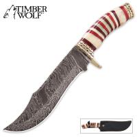 17-TW499 - Timber Wolf Crimson Sands Damascus Bowie Genuine Bone Fixed Blade Knife