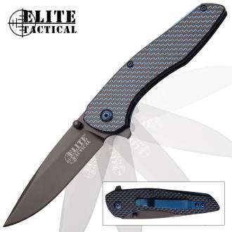 Elite Tactical Azurite Pocket Knife One Handed Opening Woven Carbon Fiber Handle
