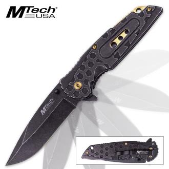 MTech USA Radiator Assisted Opening Pocket Knife Stonewashed with Contrasting Gold Titanium Liner