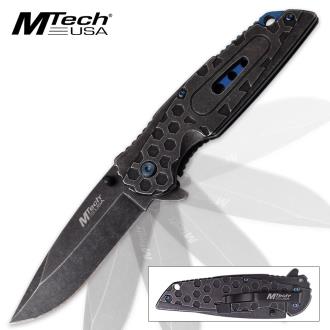 Mtech USA Radiator Assisted Opening Pocket Knife Stonewashed with Contrasting Blue Liner