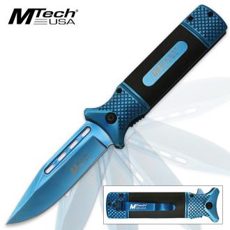 Mtech USA Steely Assisted Opening Pocket Knife Blue TiNi Finish Black Handle Scales