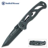 19-SW7409 - Smith &amp; Wesson Stonewash Tanto Point Skeletonized Folding Pocket Knife