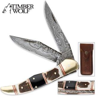 Timber Wolf Filework Hunter Folding Knife Damascus - TW262