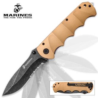 USMC Desert Warrior Assisted Opening Pocket Knife with Stonewashed Blade