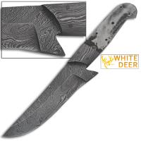BDM-2211 - White Deer Trailing Point Damascus Steel Hunting Knife Blank 5-Hole Forged Bolstering