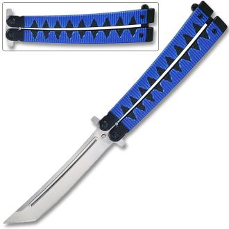Butterfly Knife Tanto Balisong Knife Samurai Style Aluminum Handle Blue Black
