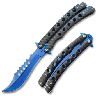 Black Handle Balisong Two-Tone Blue Blade Coated Butterfly Knife Curved Blade