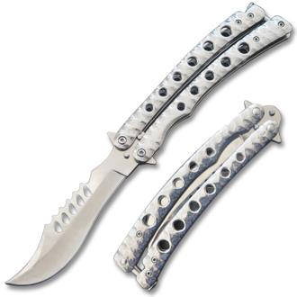 Serrated Swift Black Handle Balisong Silver Blade Coated Butterfly Knife Curved Blade