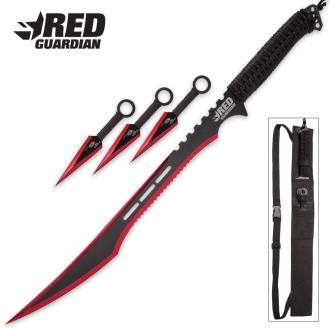 Red Guardian Ninja Sword and Kunai Throwing Knife Set
