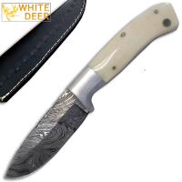 DM-031 - White Deer Damascus Steel Hunting Knife (Bone Handle &amp; Steel Bolster)