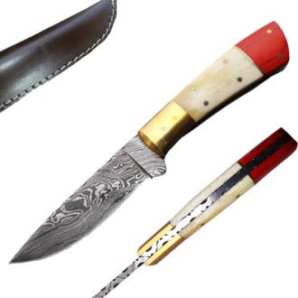Damascus Steel Hunting Knife Bone Red Wood Handle
