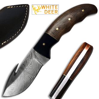 White Deer Damascus Gut Hook Skinner Knife with Wood and Buffalo Horn Handle
