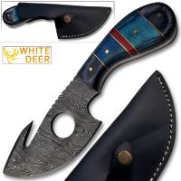 DM-2131 - White Deer Damascus Gut Hook Skinner Hunting Knife (Hand Made)