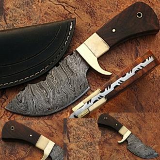 Damascus Steel Skinner Knife with Walnut Wood and Camel Bone Handle