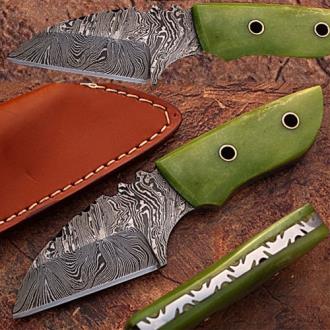 Custom Made Damascus Steel Skiner Knife Green Colored Camel Bone