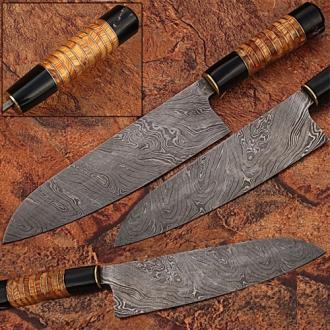Damascus Steel Chef Knife Buffalo Bone Olive Wood Handle