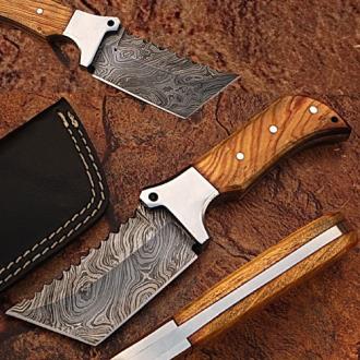 Custom Made Damascus Tracker Knife with Full Tang Olive Wood Handle