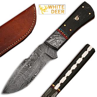 White Deer Damascus Steel Custom Handmade Skinner Knife Buffalo Handle