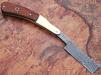 White Deer Damascus Steel Straight Razor with Wood and Brass Handle