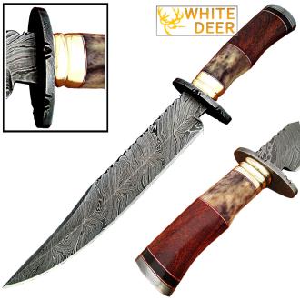 White Deer Damascus Steel Bowie Knife with Giraffe Bone and Rosewood Handle