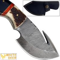 DM-59 - WHITE DEER Guthook Pattern Welded Damascus Steel Tracker Knife Skinner Stag Handle