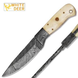 White Deer Handmade Damascus Steel Hunting Knife Limited Edition Camel Bone Grip