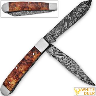 White Deer Master Trapper Damascus Knife Cocobolo Wood Folding Dual Blade
