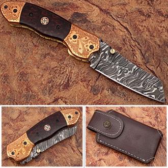 Executive Series Engraved Nesmuk Folding Damascus Knife Rainwood with Solid Copper Bolstered