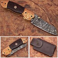 FDM-2524 - Executive Series ENGRAVED Nesmuk Folding Damascus Knife Rainwood w Solid Copper Bolstered