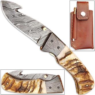 Handmade Folding Guthook Knife Ram Horn Handle Damascus Bolster