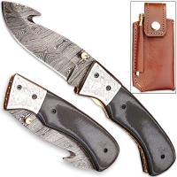 FDM-2538 - Forged Damascus Steel Folding Knife Guthook Micarta Composit Han