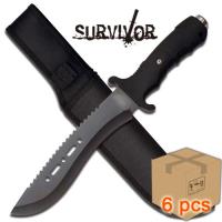 HK-1081E_6pcs - Case of 6pcs Sawback Survivor Ultimate Extractor Bowie Survival Knife Black Glass Breaker