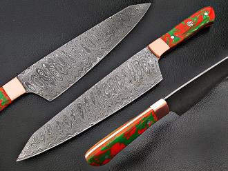 Ultra Sharp Santoku Forged Chef Knife Damascus Steel Red Green Resin Grips by White Deer