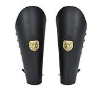 IN60737 - Warriors Call Genuine Black Leather Lion Leg Armor Greaves