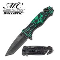 MC-A007GB - Masters Collection TACTICAL Knife Green Black Skull Tanto GLASS Breaker Rescue