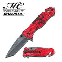 MC-A007RB - Masters Collection TACTICAL Knife RED Skull Tanto GLASS Breaker Rescue Belt Cut