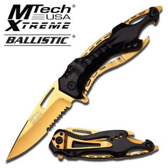 Mtech Ballistic Tactical Sporting Knife Gold Titanium Coated Blade Black Metal Handle