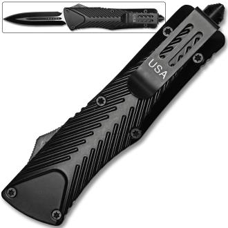 Spear Point OTF Knife Out The Front Assisted Open Tactical Glass Breaker Straight Edge Black Grip Handle