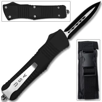 Spear Point OTF Knife Out The Front Assisted Open Tactical Glass Breaker Straight Edge Black Handle
