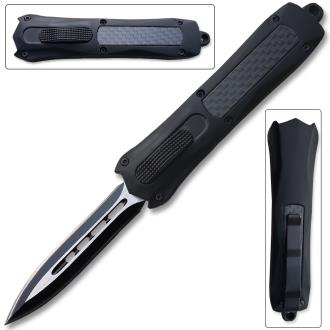 Double Edge OTF Knife Out The Front Tactical Black Carbon Fiber Handle