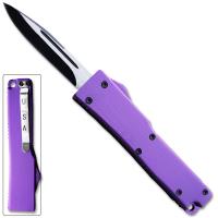 933-PR - Electrifying California Legal OTF Dual Action Knife Single Edge Purple