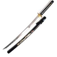 PS-H-04 - teel Battle Ready Katana Silver Blade - Black / Gold  Free Stand